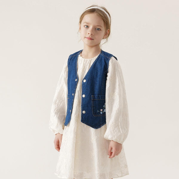 Girls Embroidered Denim Vest with Delicate Small Flowers 240250 - MARC&JANIE