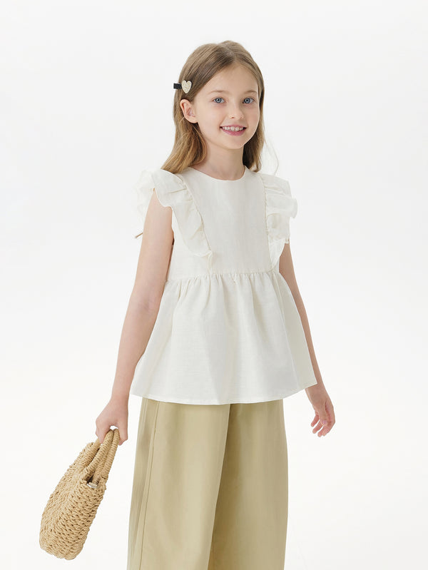 MARC & JANIE Toddler Kids Girl Sweet Lace Trimmed Flying Sleeve Shirt 240607