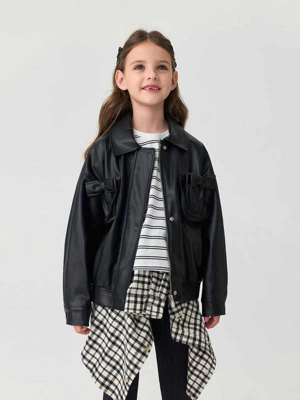 MARC & JANIE Kids Girl Sweet Stylish Bow Leather Jacket 551559