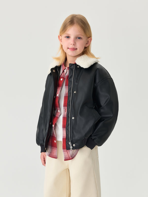 MARC & JANIE Unisex Kids Girl Boy Detachable Fur Collar Quilted Faux Leather Jacket  Warm Winter Outerwear 551560