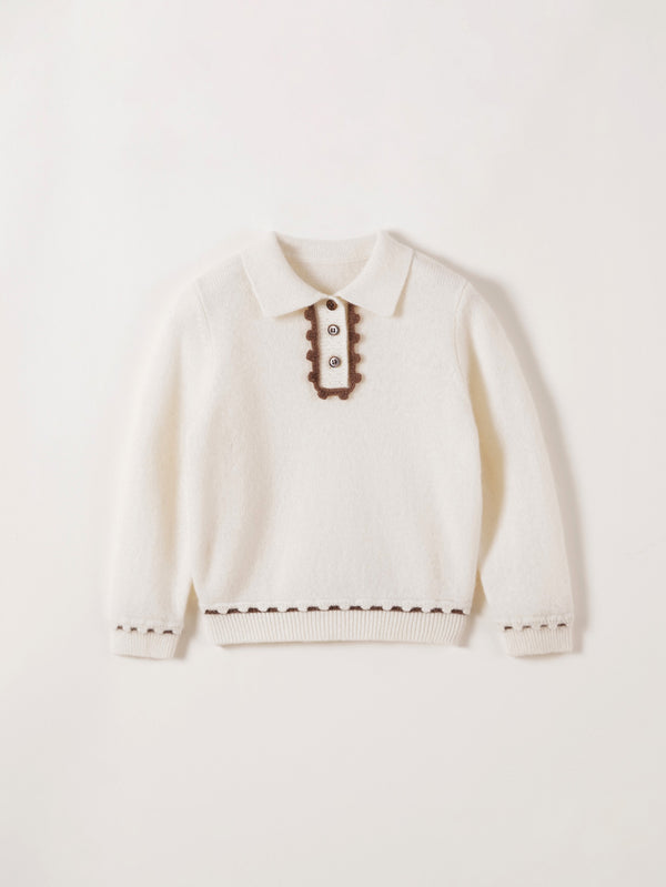 MARC & JANIE Kids Girl 100% Wool Ruffled Polo Collar Sweater 551893