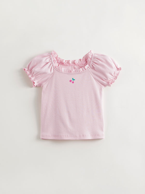 MARC & JANIE Toddler Kids Girl Cherry Print T-shirt with Bubble Sleeve and Lace Collar 240611