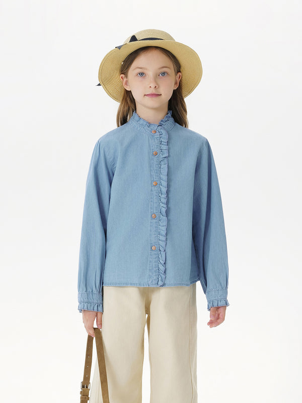 MARC & JANIE Kids Girl Wooden Ear Trim Loose Denim Shirts 250171