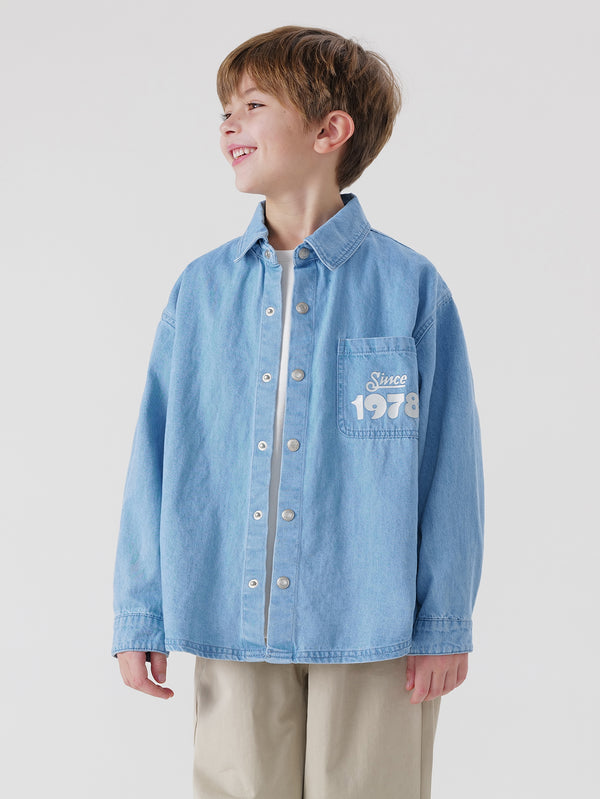 MARC & JANIE Toddler Boy Fun Bear Doodle Denim Shirt 240029