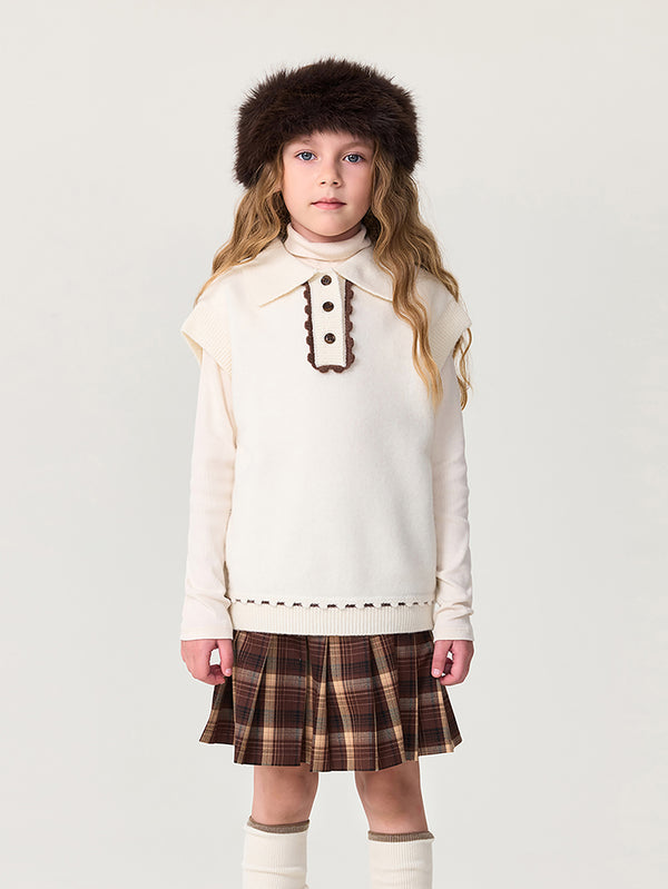 MARC & JANIE Kids Girl 100% Wool Ruffled Polo Collar Knit Sweate Vest 551889