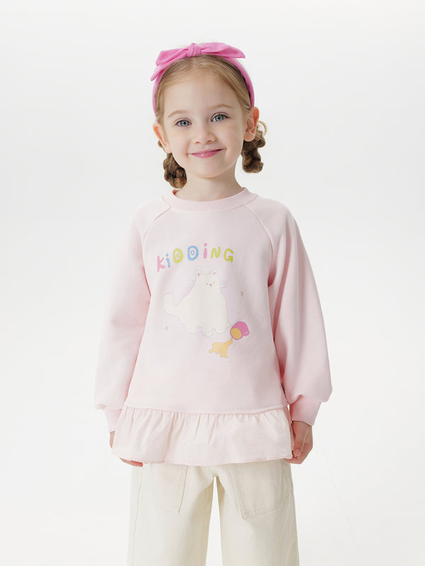 MARC & JANIE Toddler Girl Soft Plush Cat Pattern Lace Trim Sweatshirt 551181