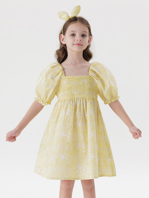 MARC & JANIE Toddler Kids Girl Flower Bubble Sleeve Princess Dress with Hair Bands 240681