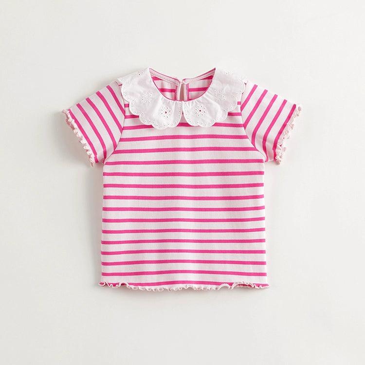 MARC&JANIE Girls Sweet Doll Collar Striped Short Sleeve T-shirt Children's Cotton Top for Summer 240733 - MARC&JANIE
