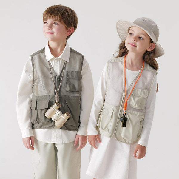 MARC&JANIE Outdoor Style Boys Girls Skeletonized Mesh Patchwork Multi-Pocket Work Vest for Spring 240011 - MARC&JANIE